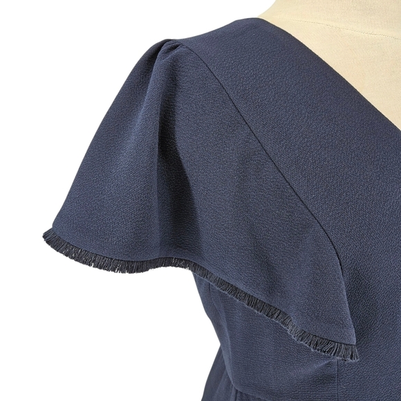 Ann Taylor LOFT Fit Flare Dress Navy Blue Fringe Short Sleeve V Neck 8 - Picture 4 of 9